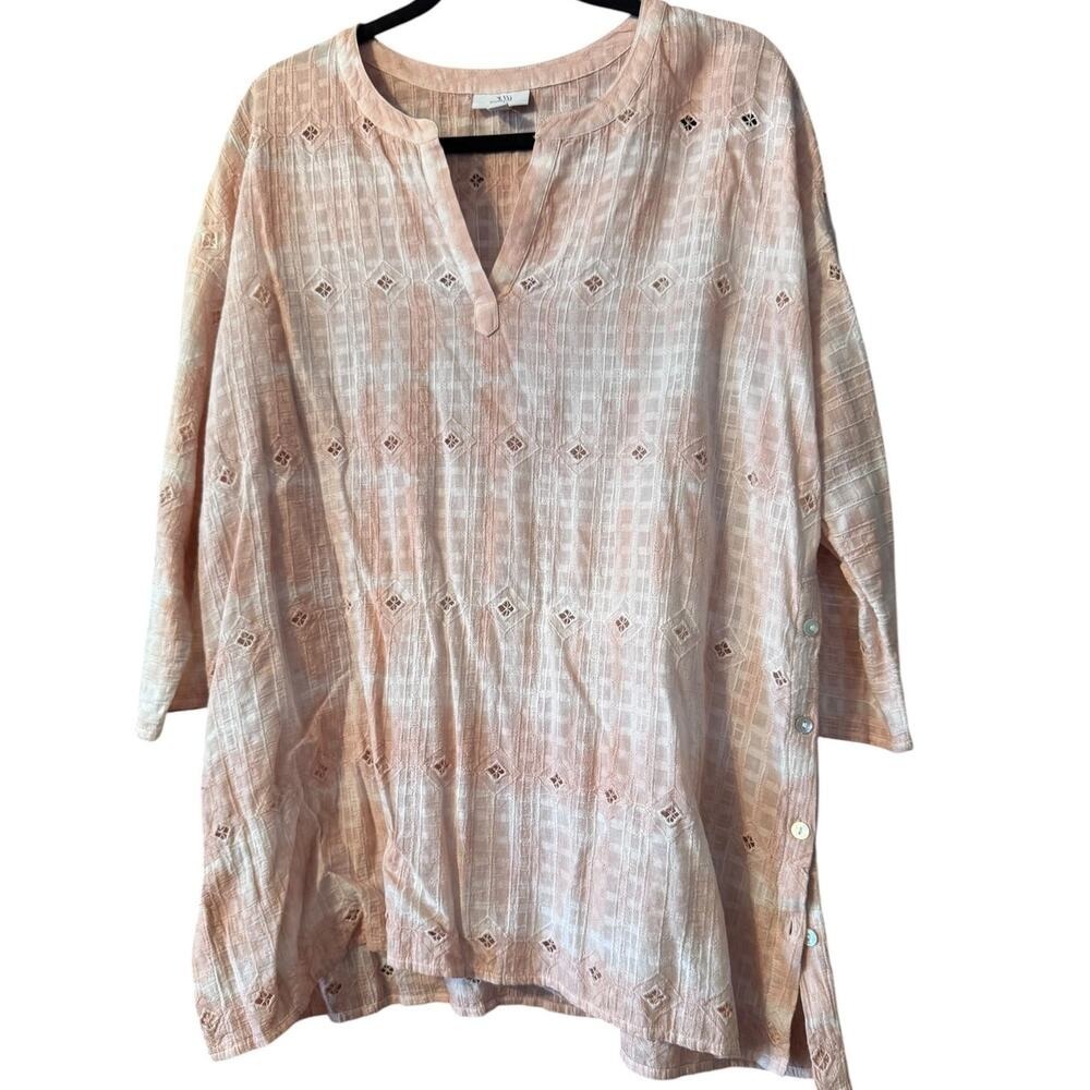 Pure Jill J. Jill Peach Eyelet Cotton Gauze Tunic Top Medium Side Buttons Boho